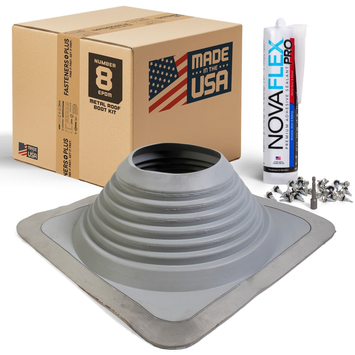 #8 Square EPDM Metal Roof Pipe Boot w/Install Kit, Gray