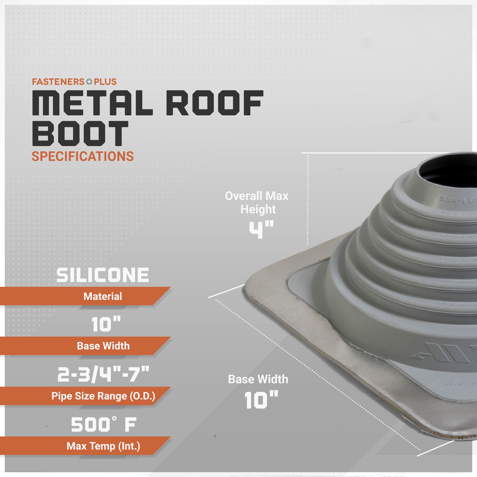 #4 Roofjack Square Silicone Pipe Flashing Boot for Metal Roof, Gray - specifications