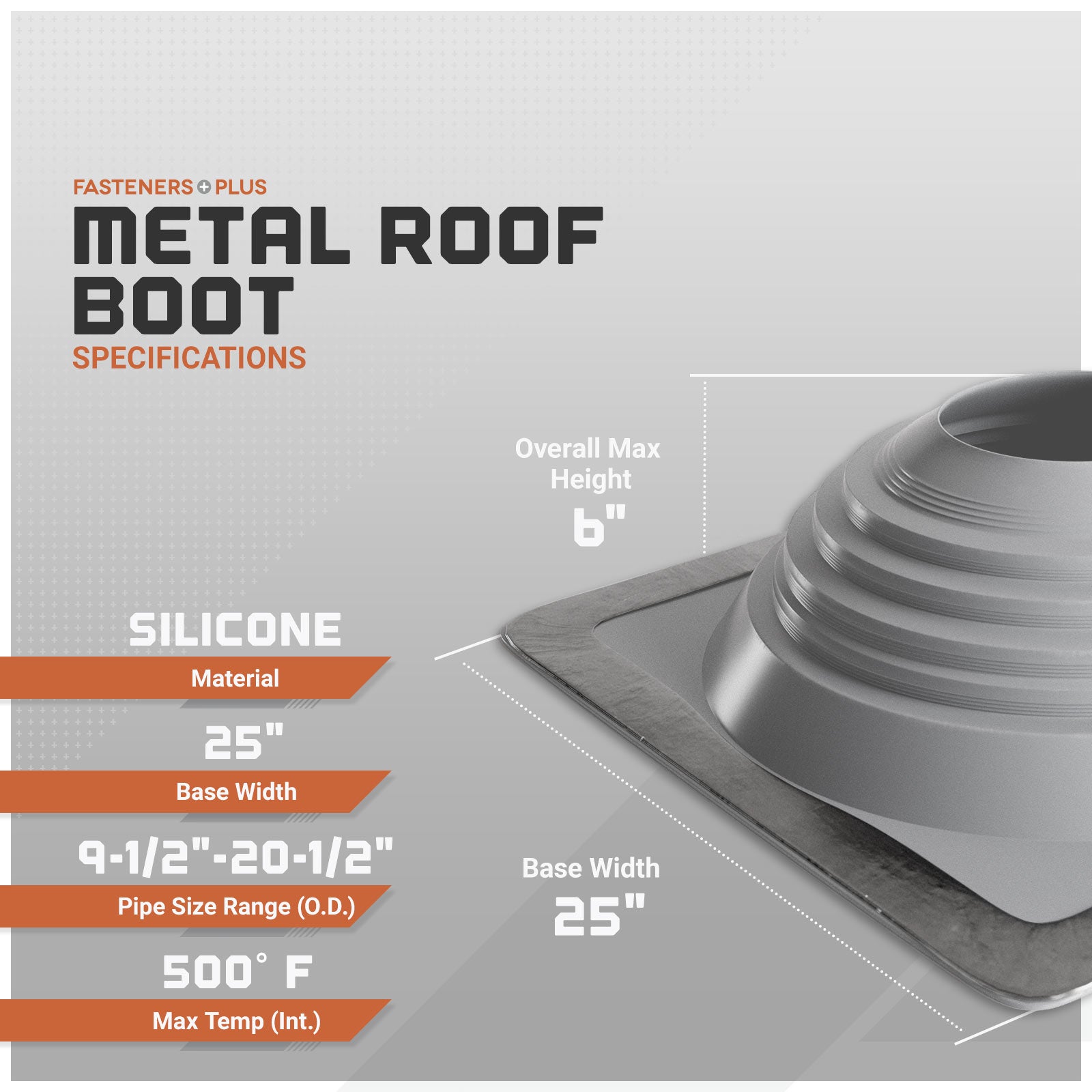 #9 Roofjack Square Silicone Pipe Flashing Boot for Metal Roof, Gray - SPECIFICATIONS