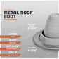Metal roof boot with specifications on a gray background