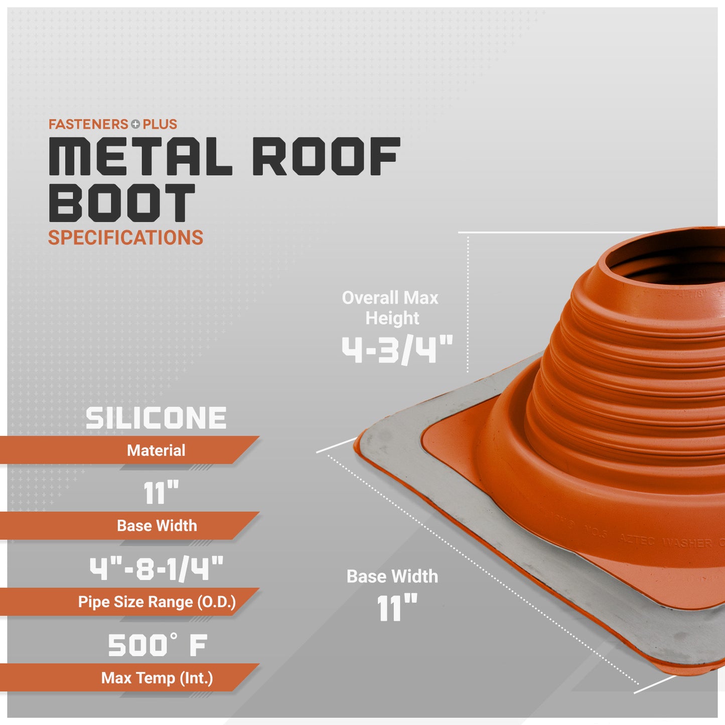 Metal roof boot specifications with dimensions and material details on a gray background