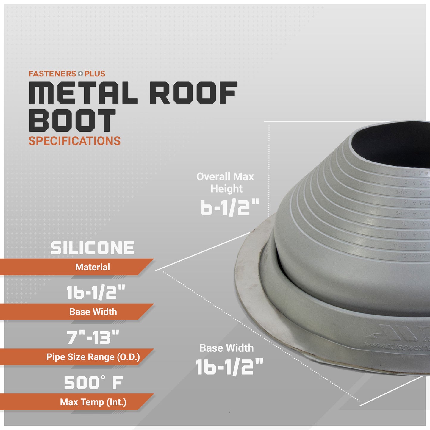 Metal roof boot with specifications on a gray background