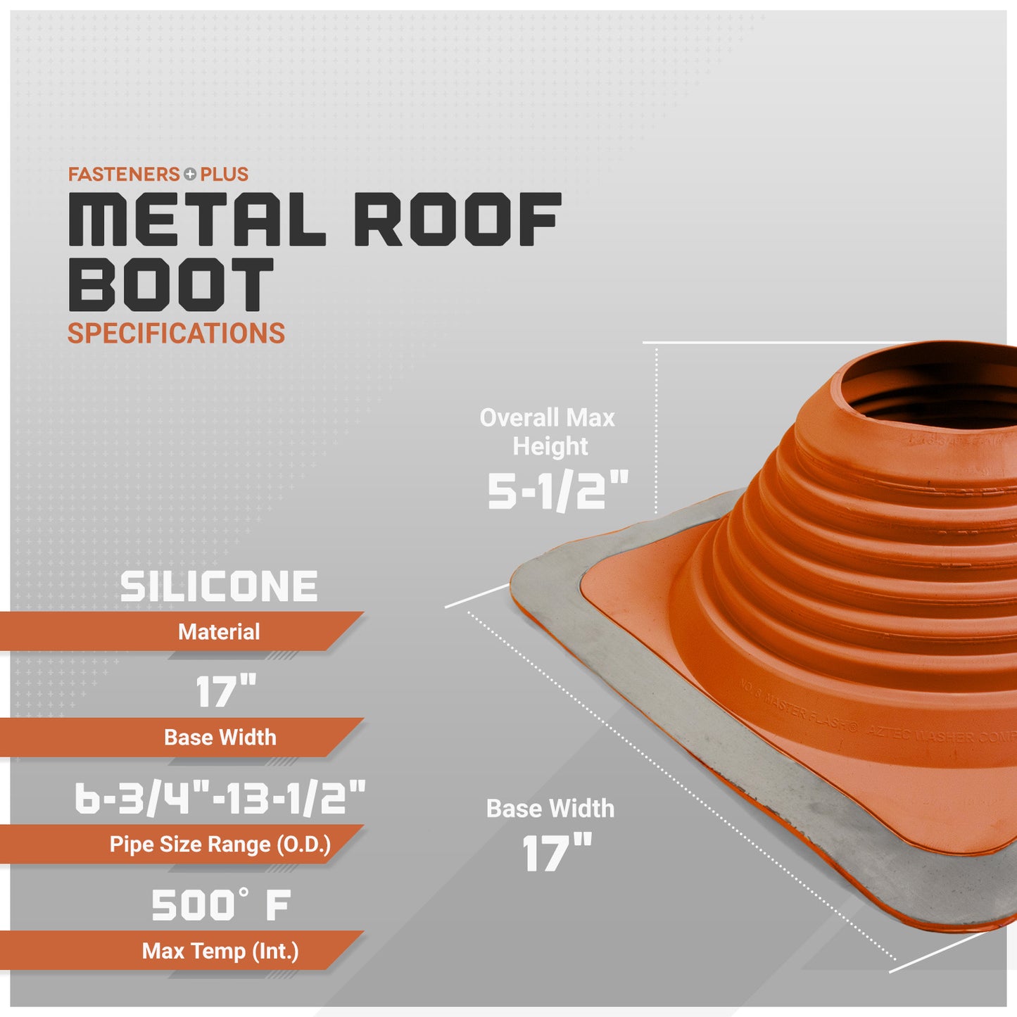 Metal roof boot with specifications on a gray background