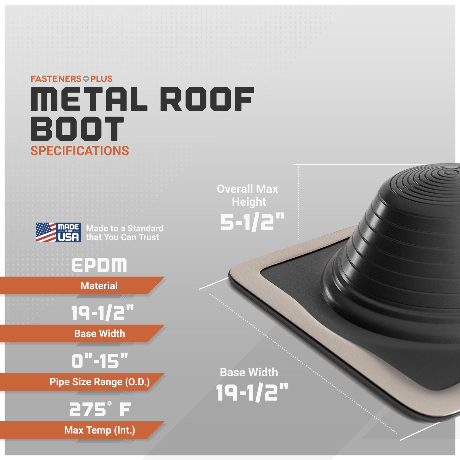 Metal roof boot with specifications on a gray background