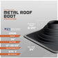 Metal roof boot specifications with dimensions and material details on a gray background