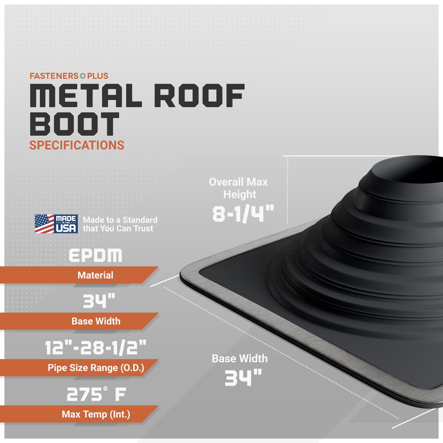 Metal roof boot specifications with dimensions and material details on a gray background