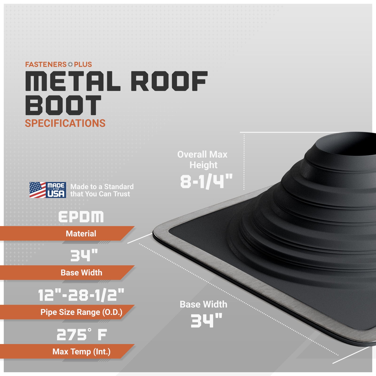 Metal roof boot specifications with dimensions and material details on a gray background