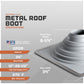 Metal roof boot specifications with dimensions and material details on a gray background
