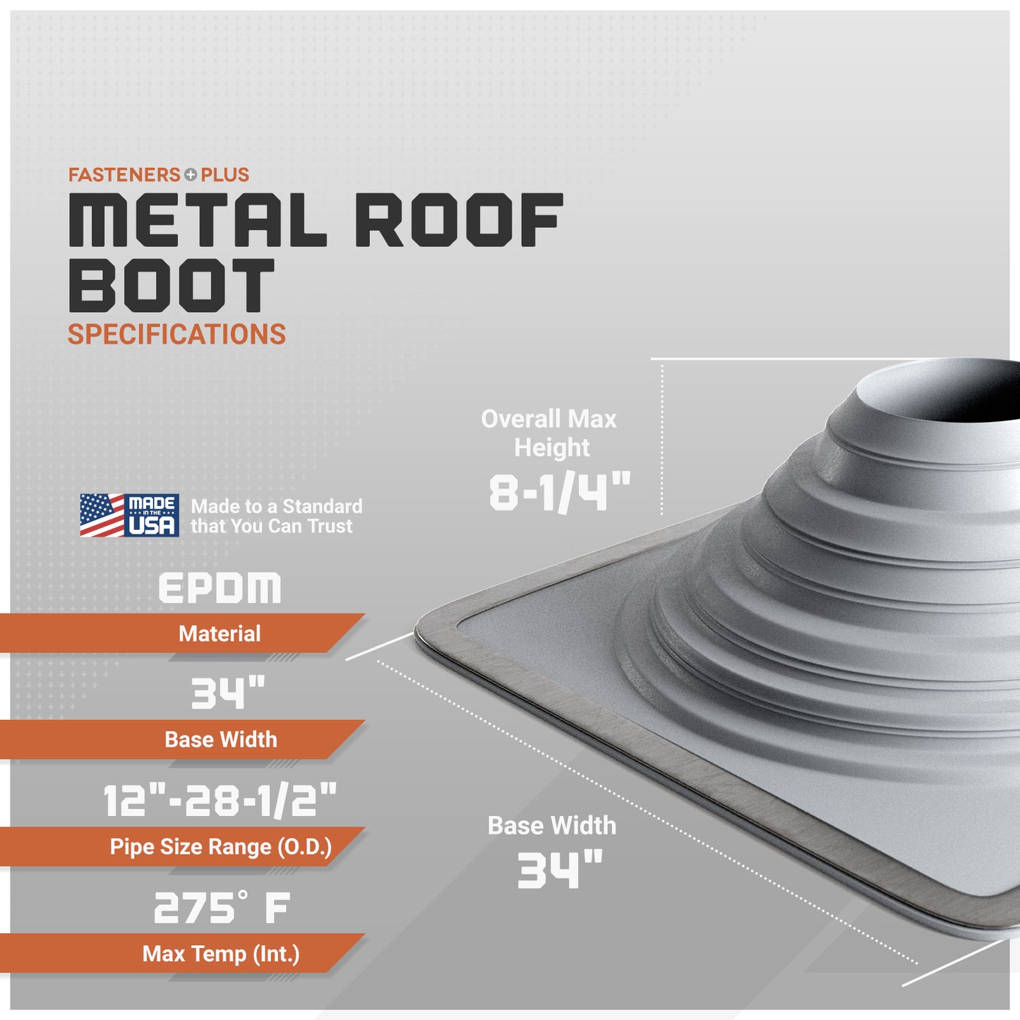 Metal roof boot specifications with dimensions and material details on a gray background