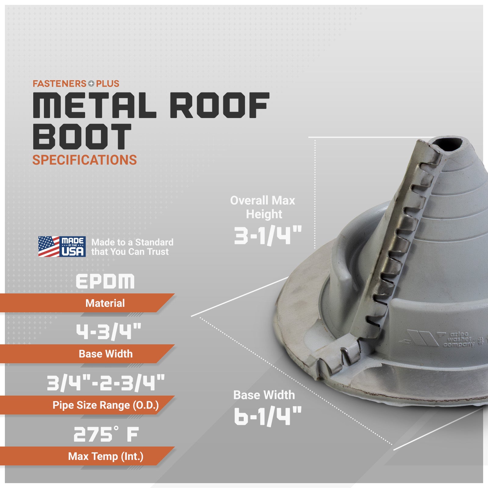 Metal roof boot with specifications on a gray background