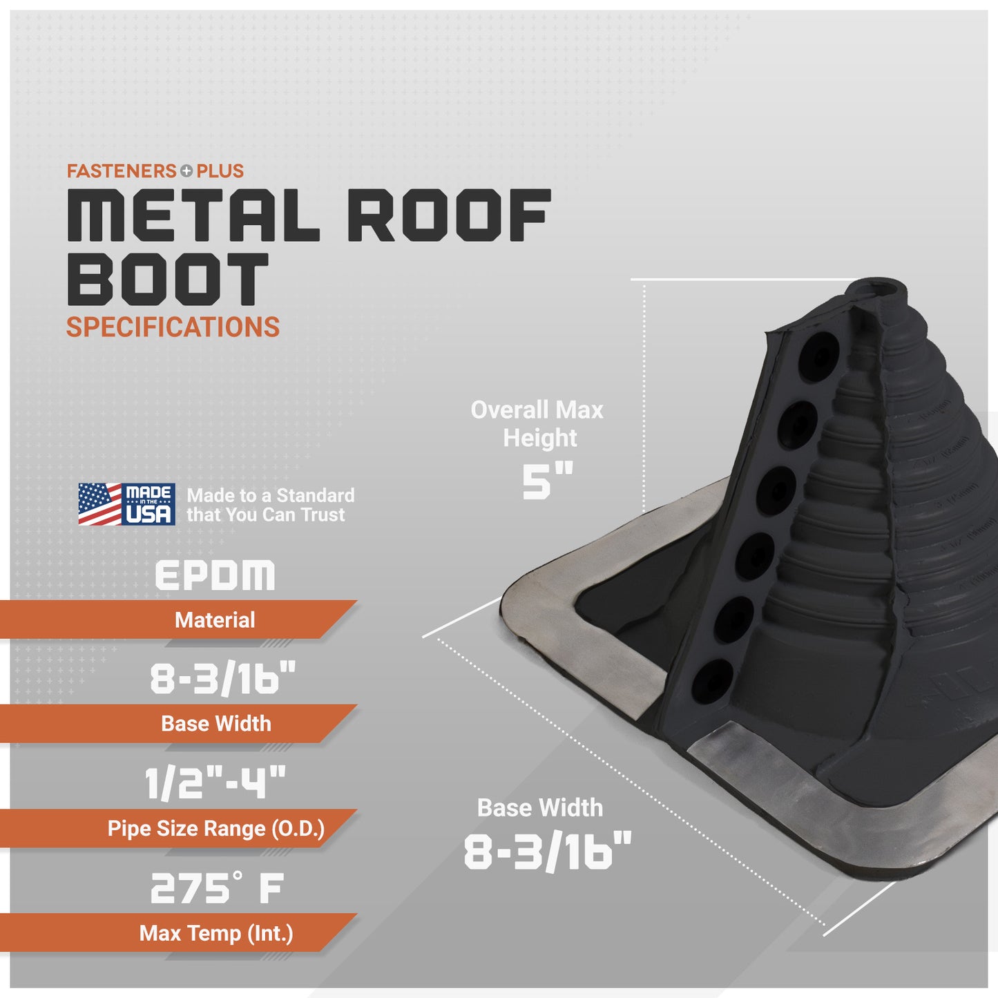 Metal roof boot with specifications on a gray background