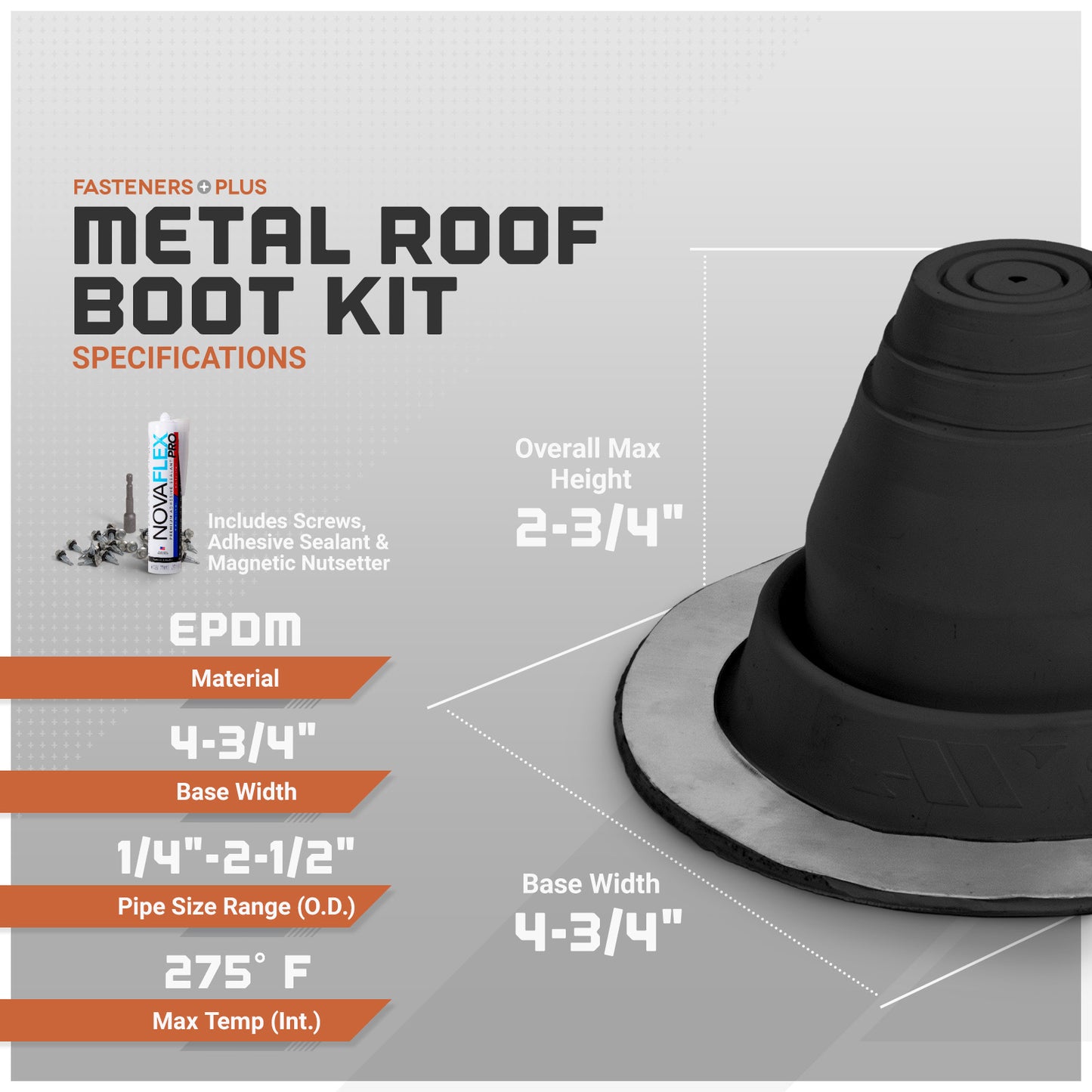 Metal roof boot kit specifications on a gray background