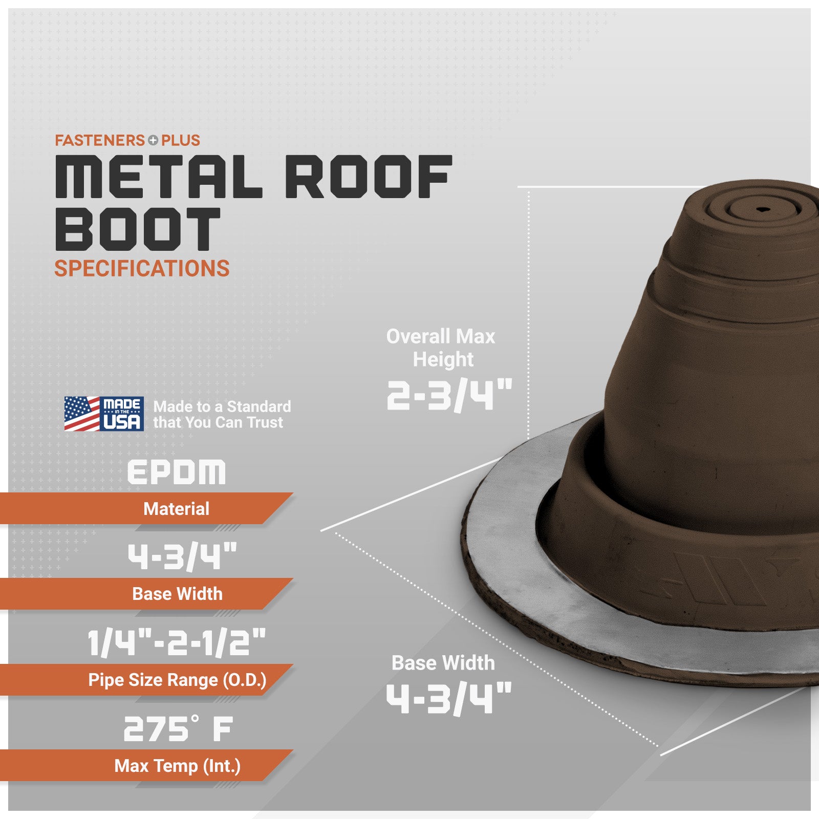 Metal roof boot with specifications on a gray background