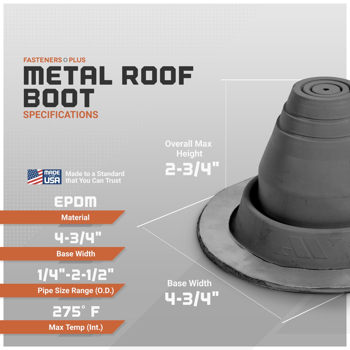 Metal roof boot with specifications on a gray background