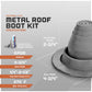 Metal roof boot kit with specifications on a gray background