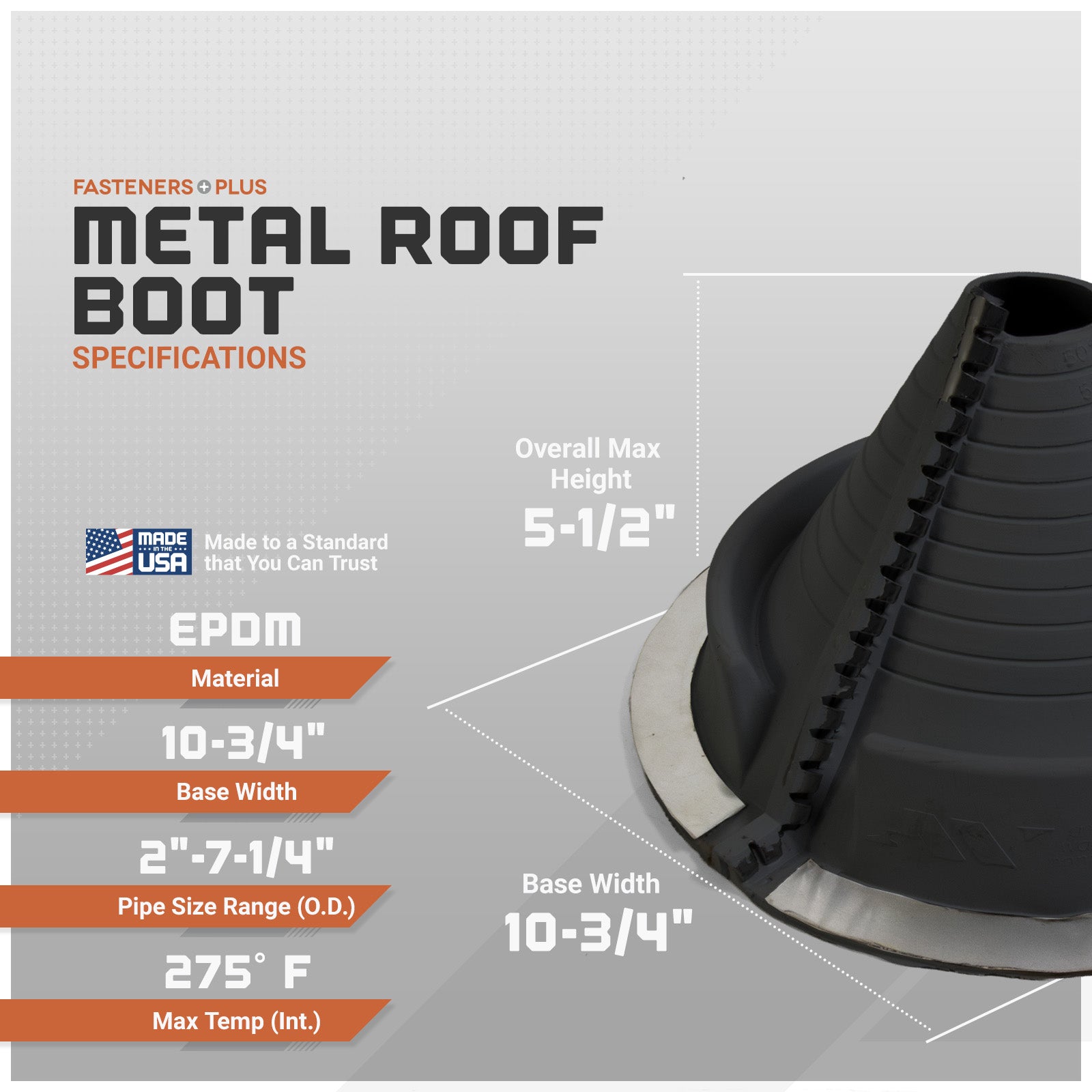 Metal roof boot with specifications on a gray background
