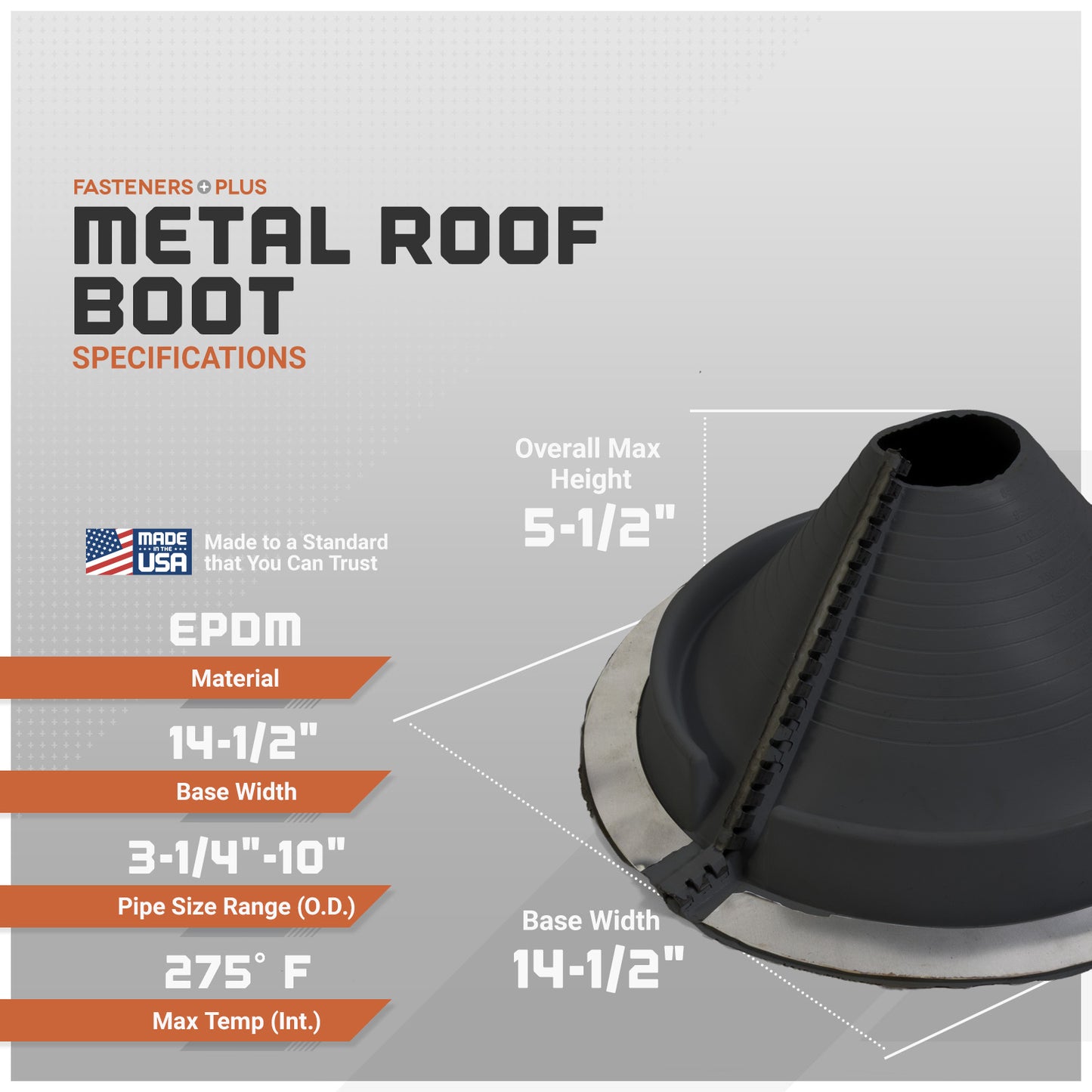 Metal roof boot with specifications on a gray background