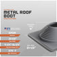 Metal roof boot specifications with dimensions and material details on a gray background