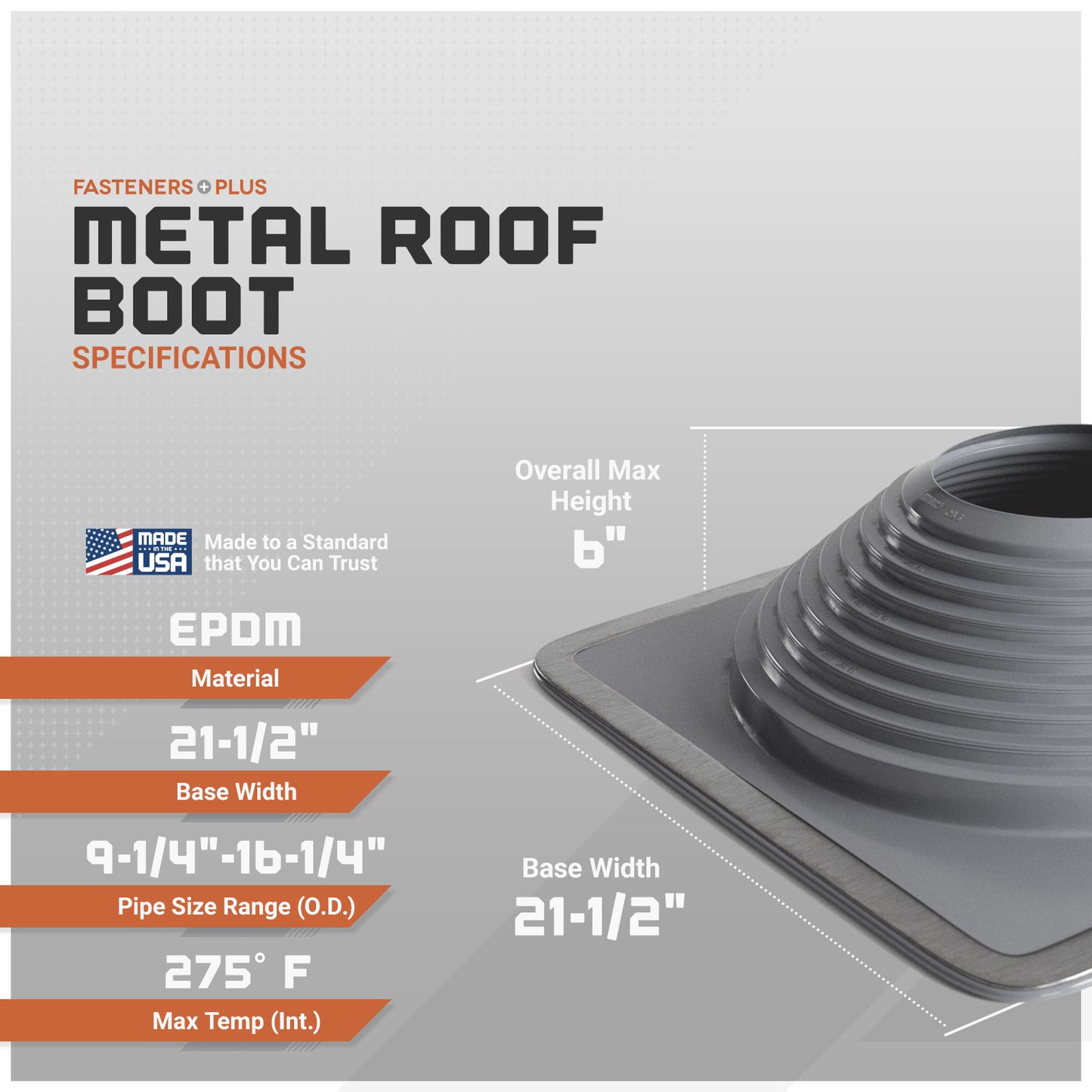 Metal roof boot specifications with dimensions and material details on a gray background