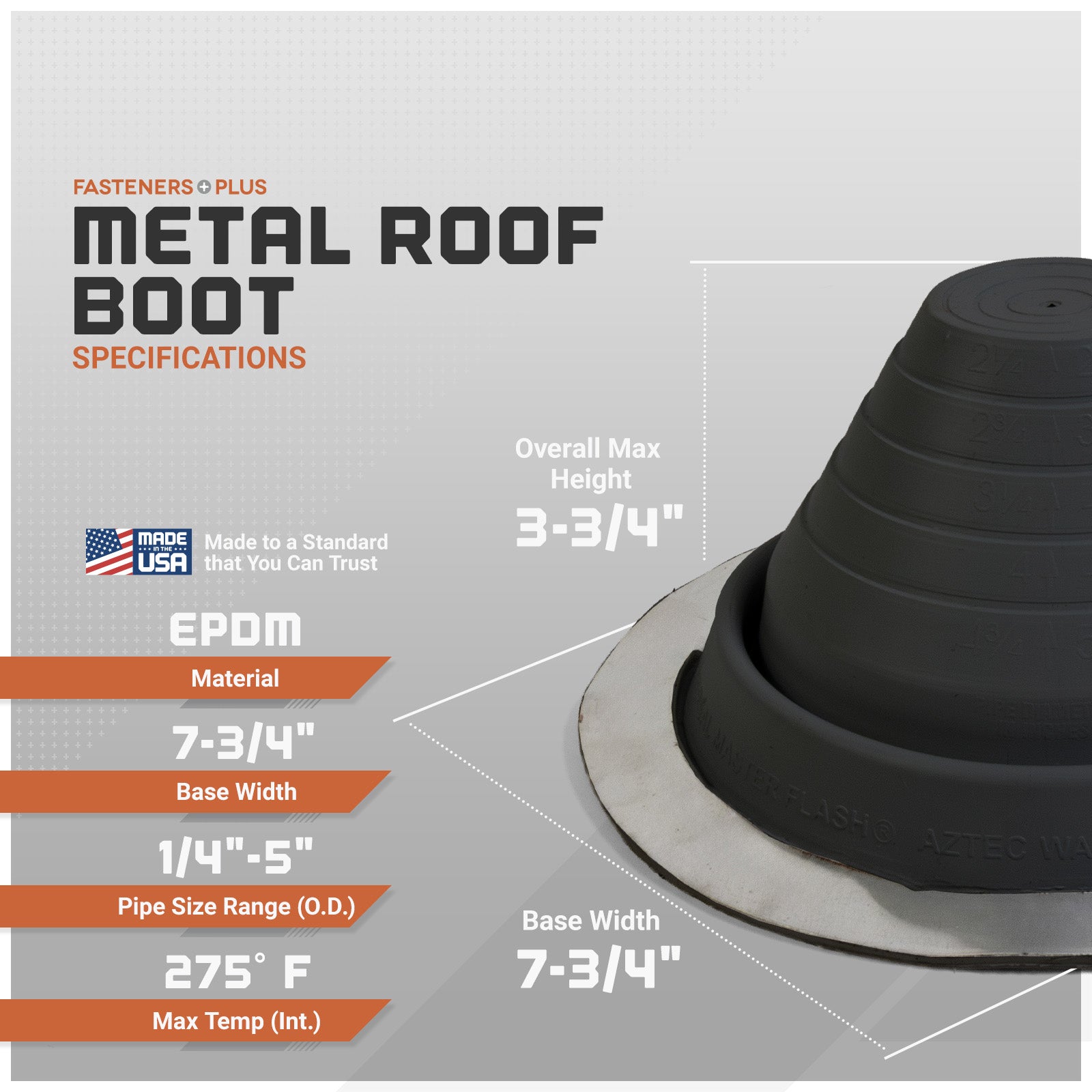 Metal roof boot with specifications on a gray background