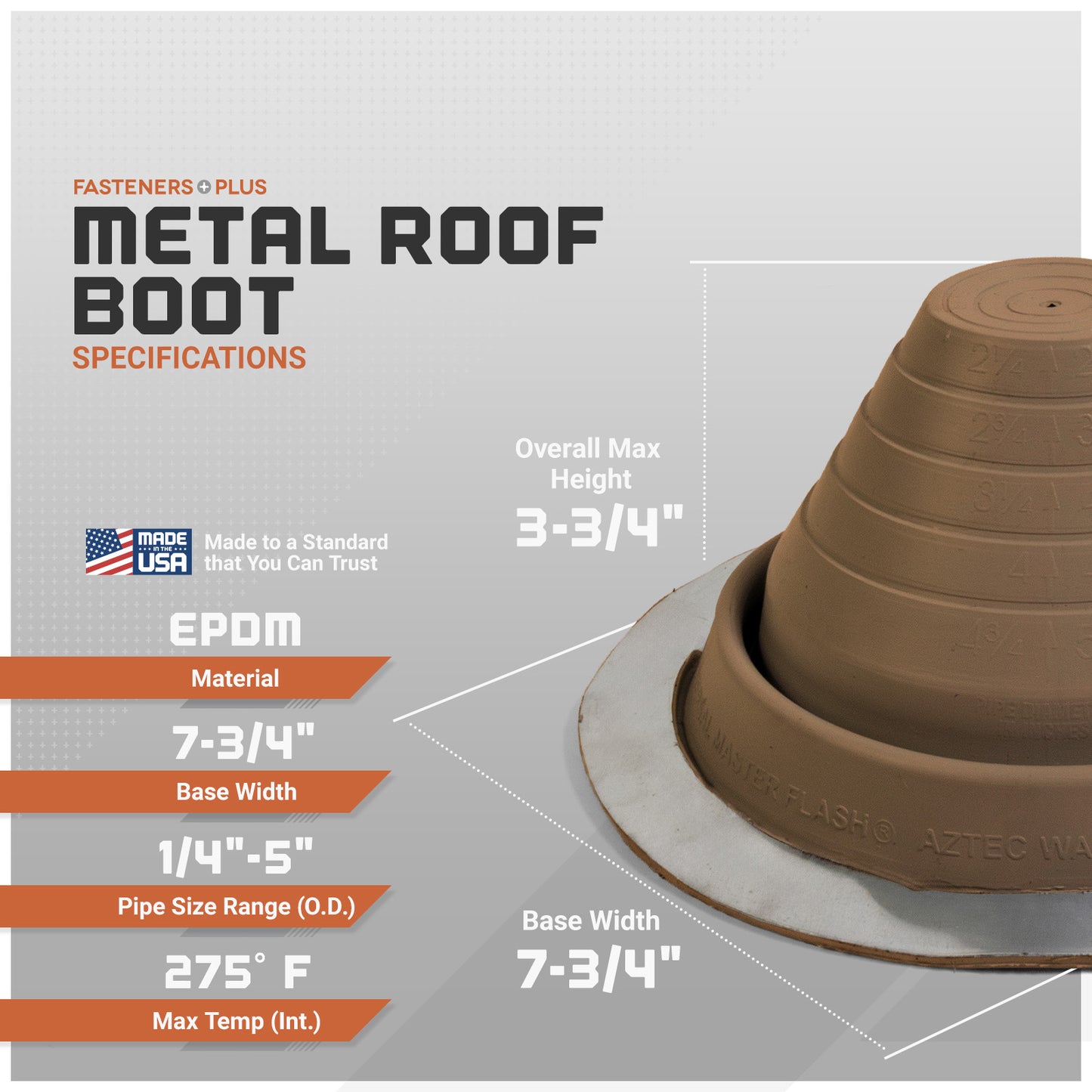 Metal roof boot with specifications on a gray background