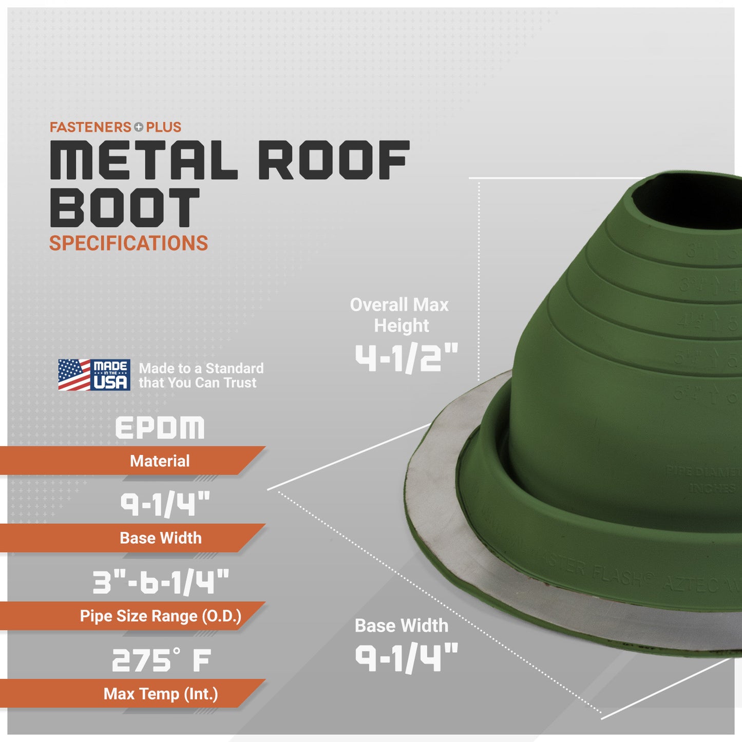 Green metal roof boot with specifications on a gray background