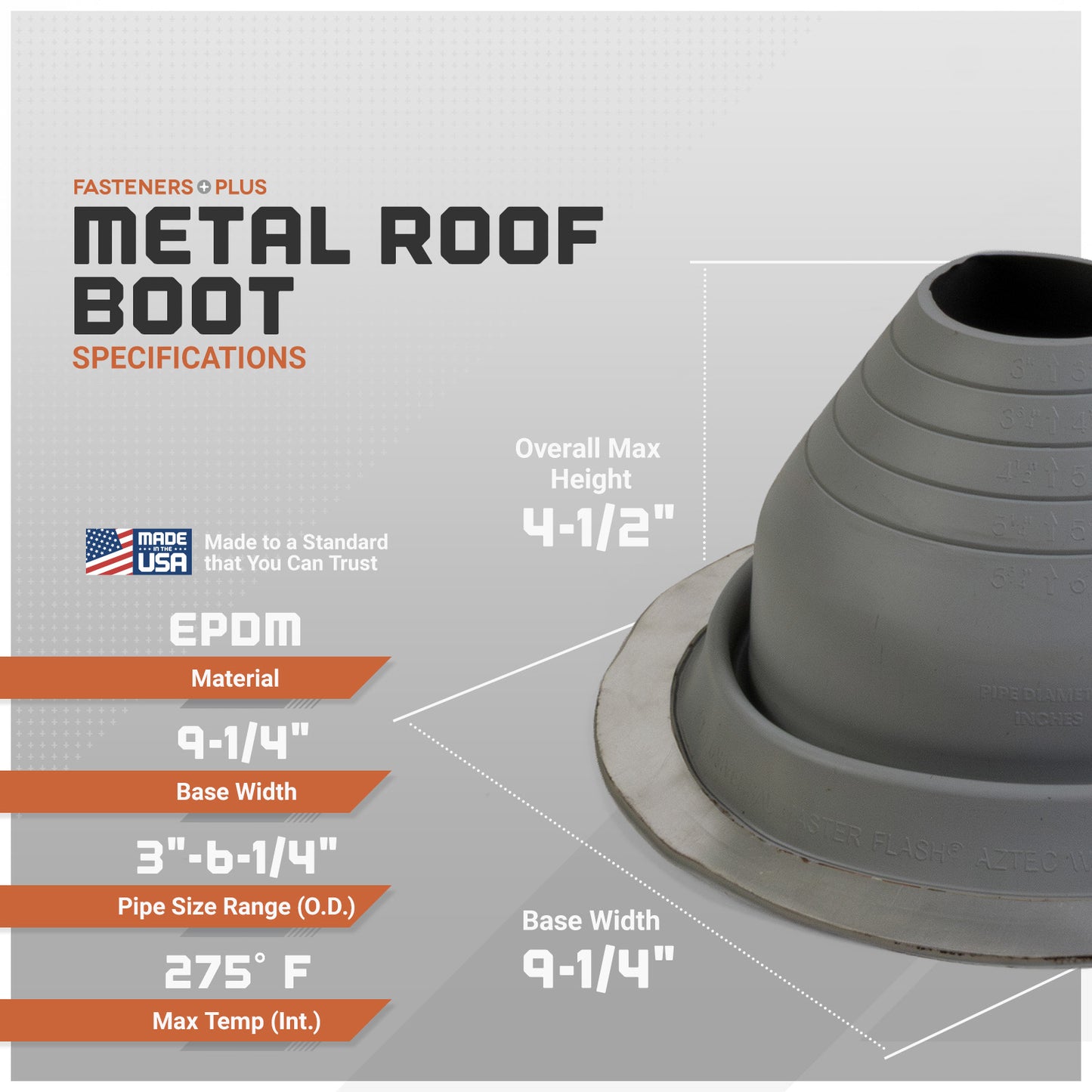 Metal roof boot with specifications on a gray background