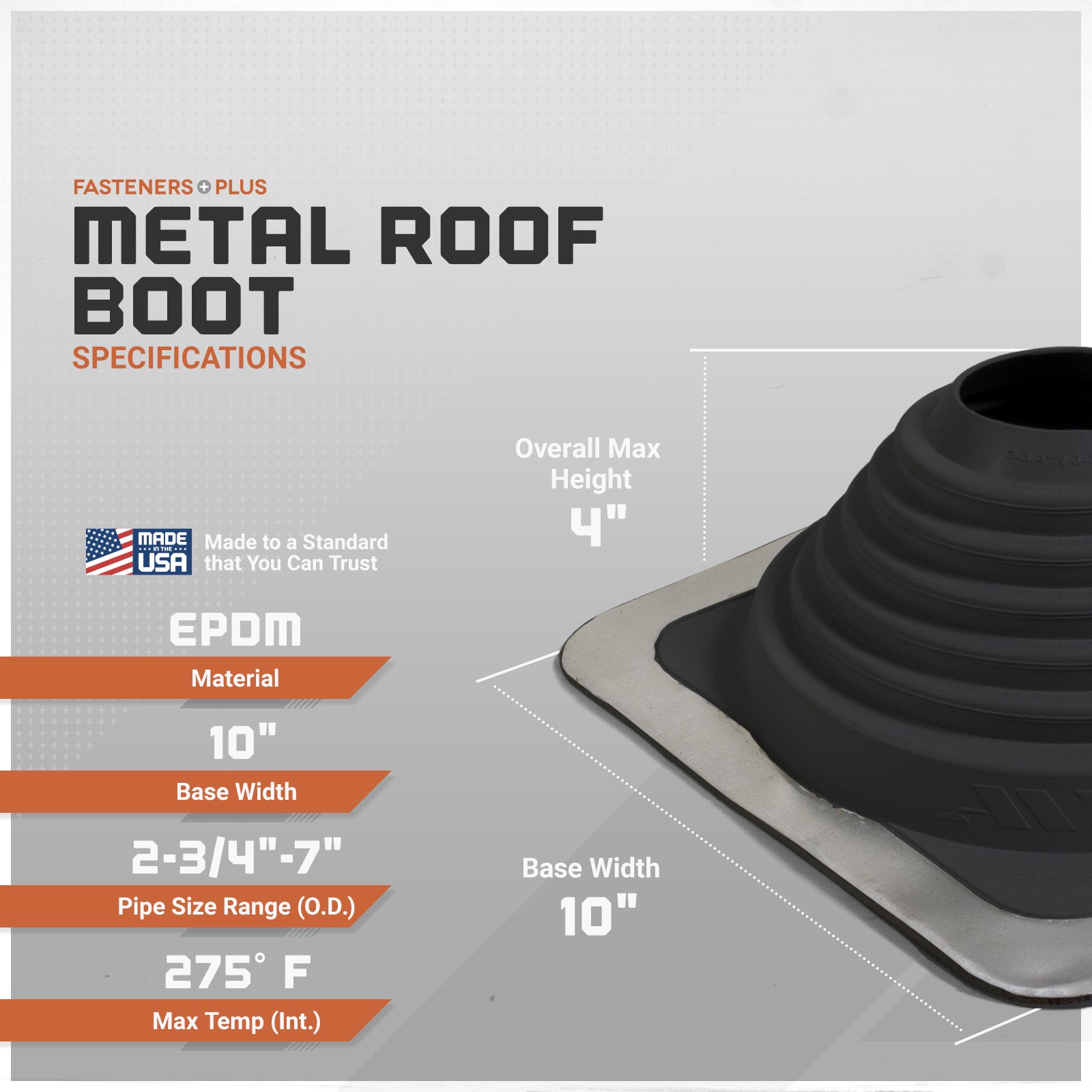 Metal roof boot specifications with EPDM material and dimensions on a gray background