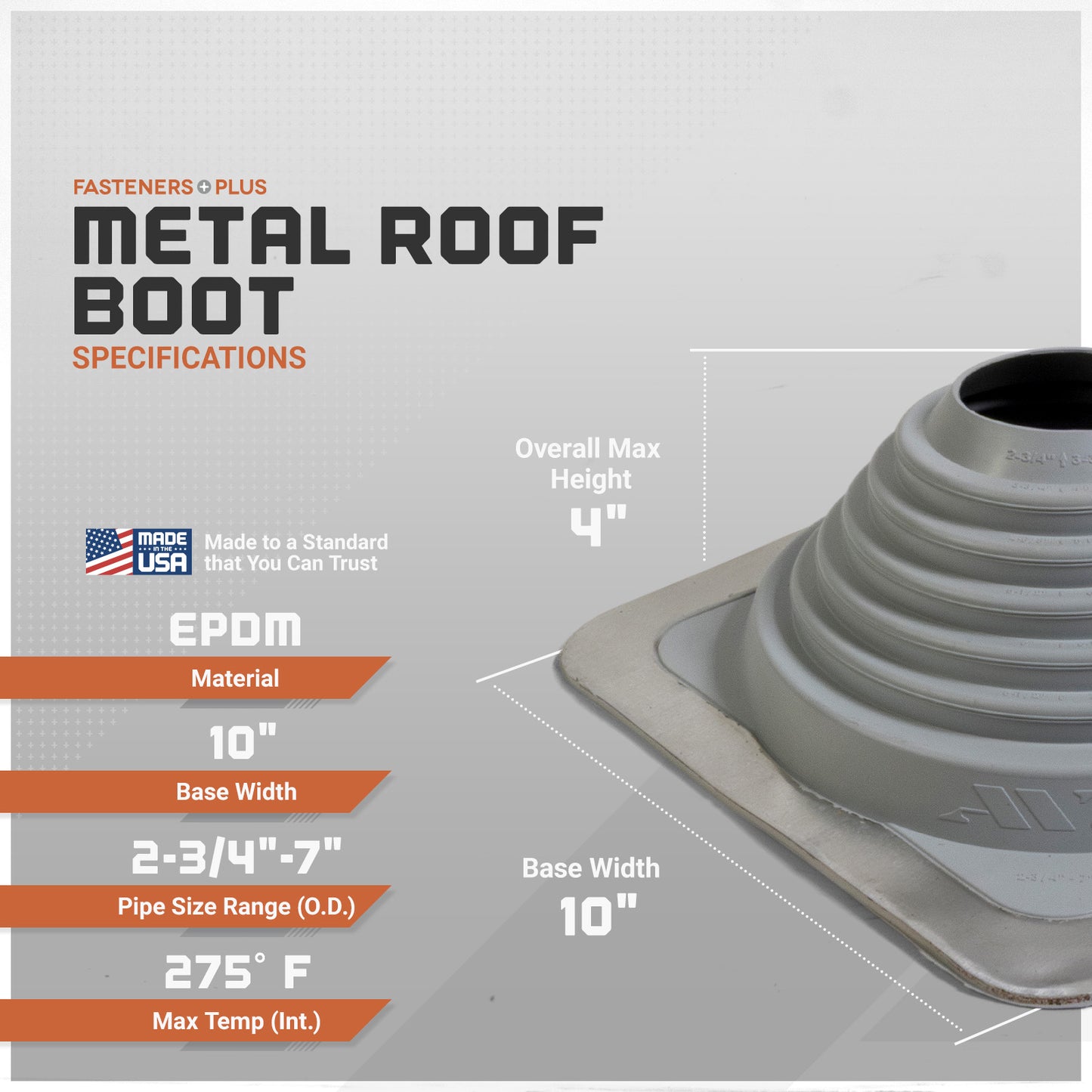 Metal roof boot specifications with dimensions and material details on a gray background