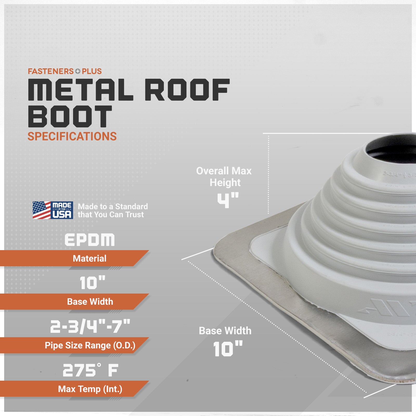 Metal roof boot specifications with EPDM material on a gray background