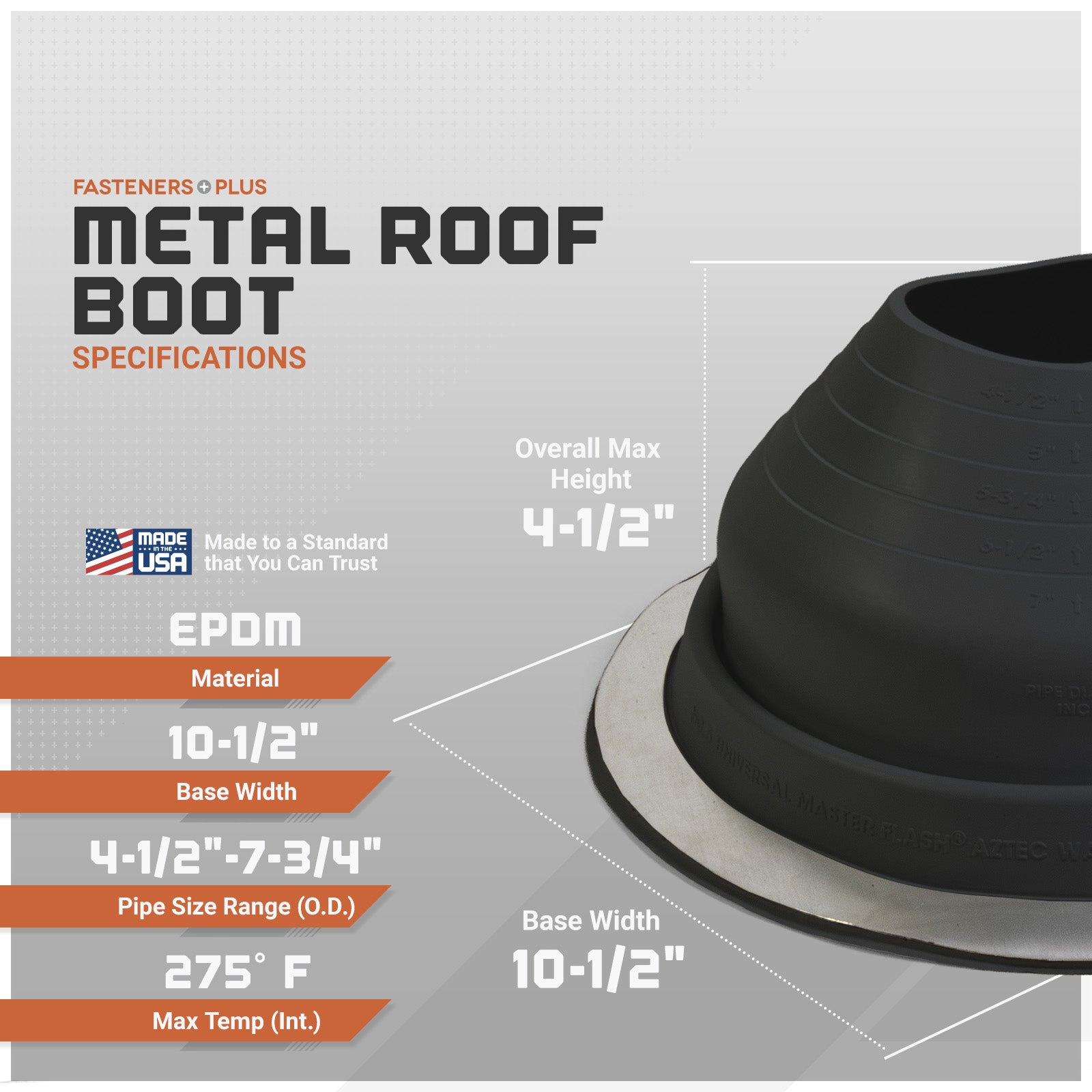 Metal roof boot with specifications on a gray background