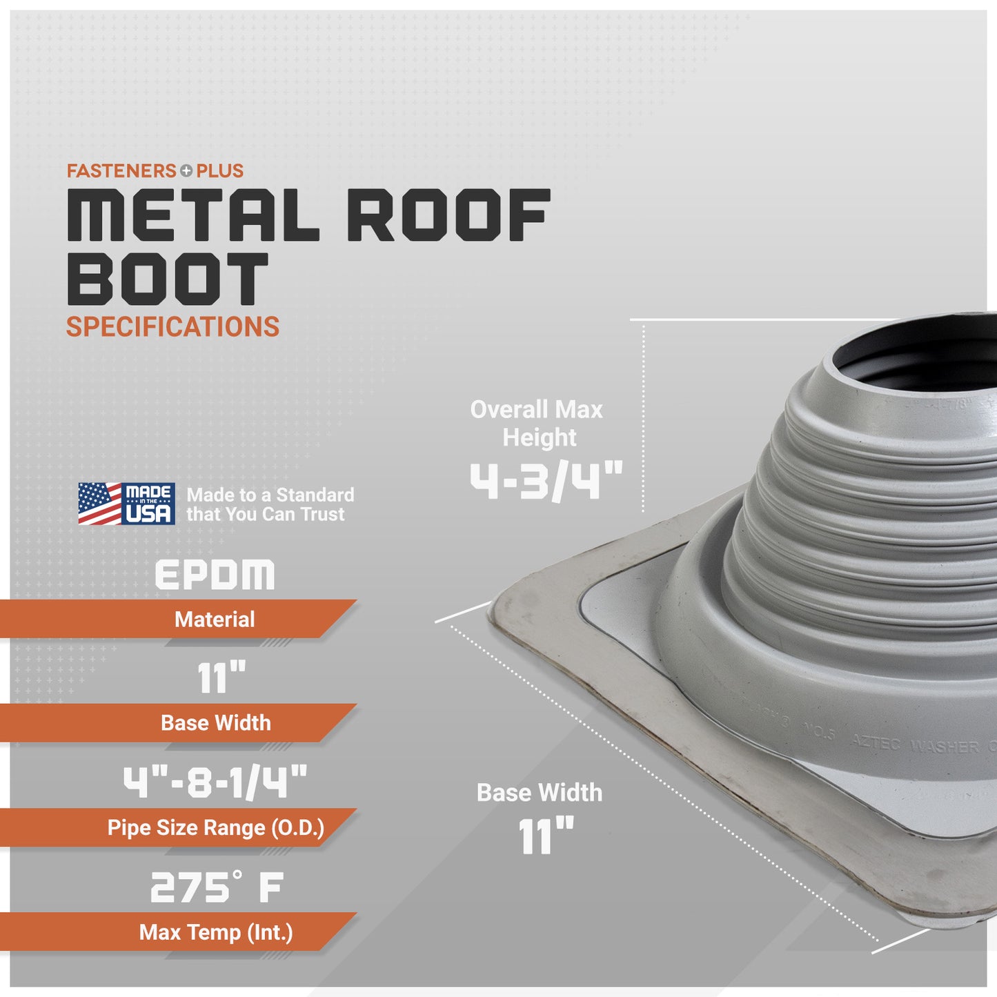 Metal roof boot with specifications on a gray background