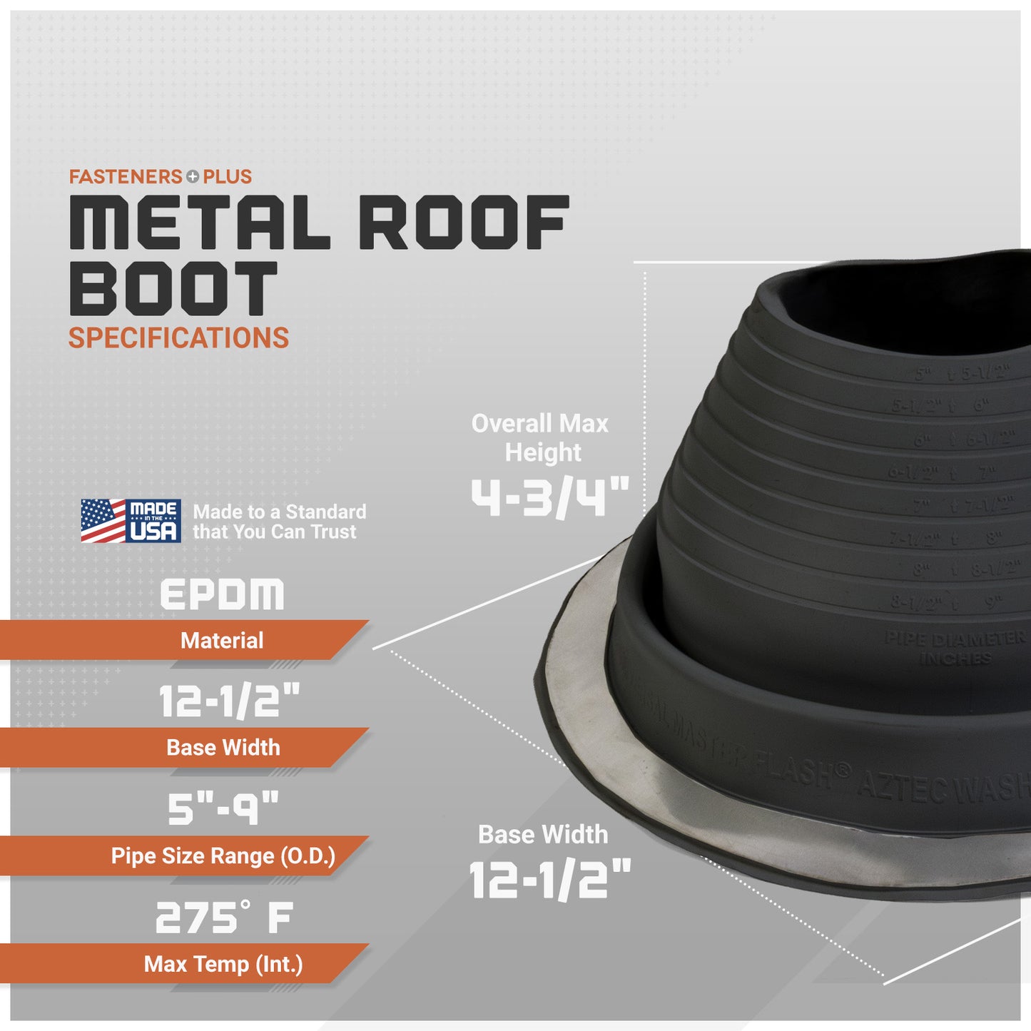 Metal roof boot with specifications on a gray background