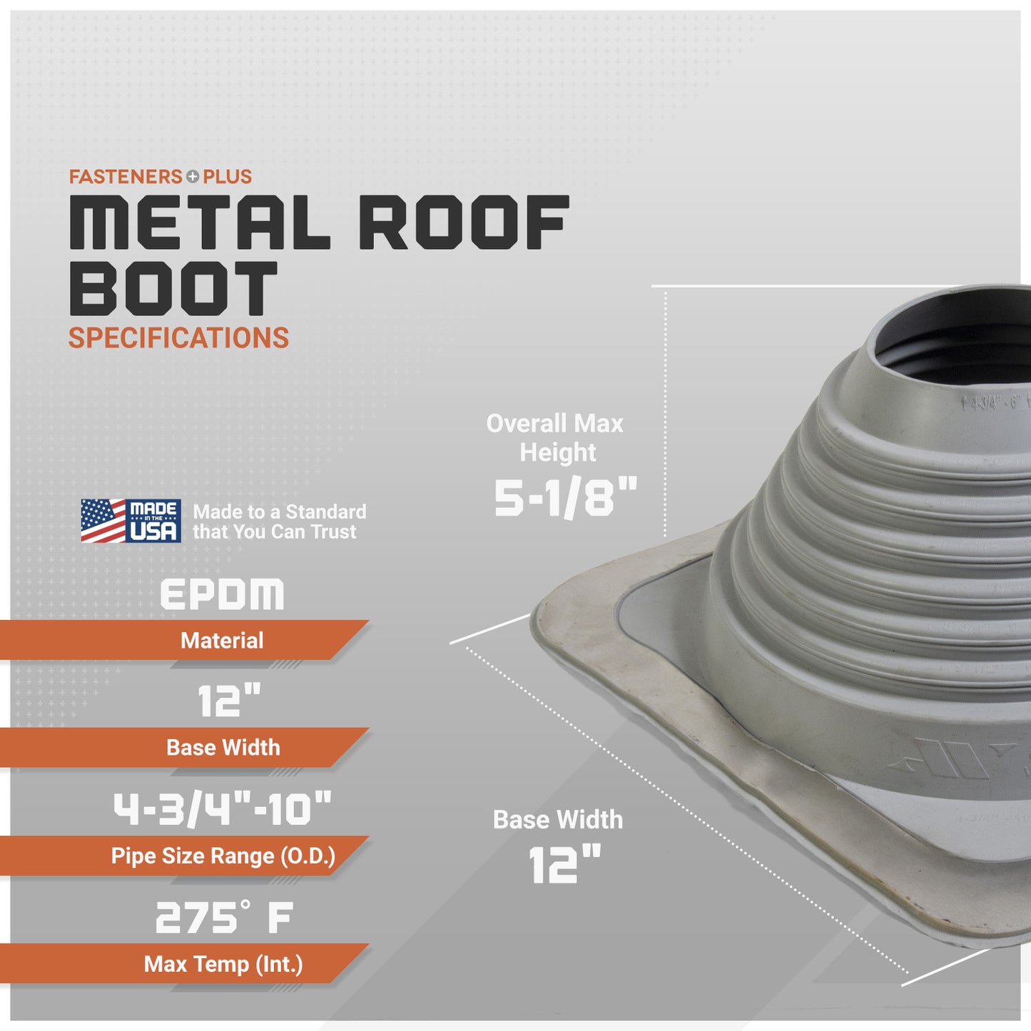 Metal roof boot with specifications on a gray background