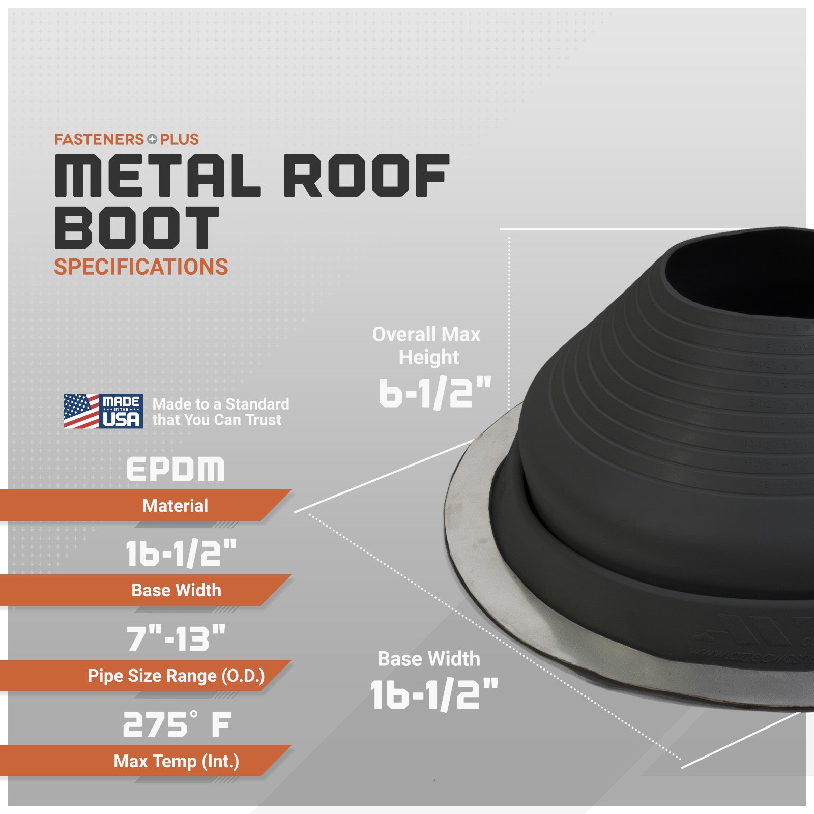 Metal roof boot with specifications on a gray background