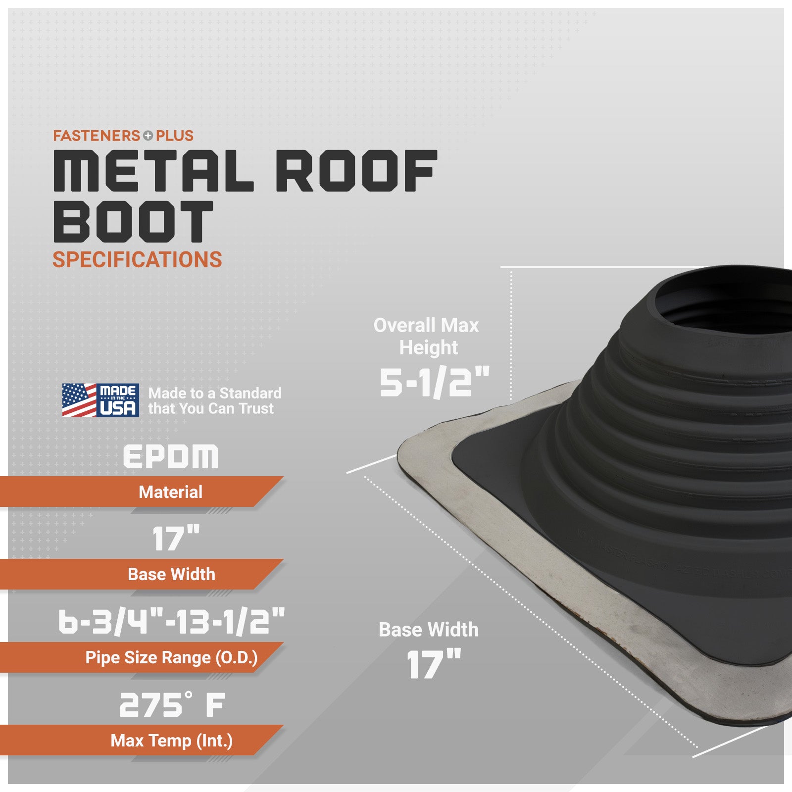 Metal roof boot with specifications on a gray background