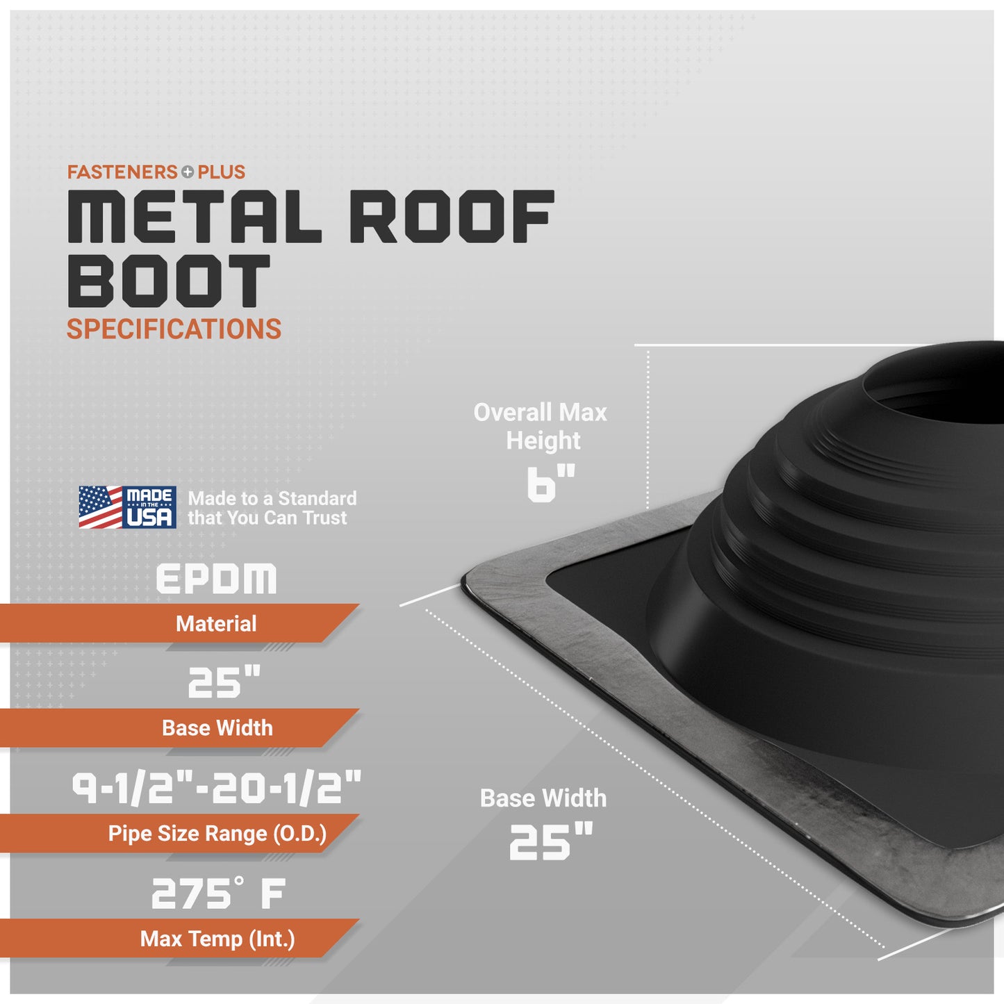 Metal roof boot specifications with dimensions and material details on a gray background