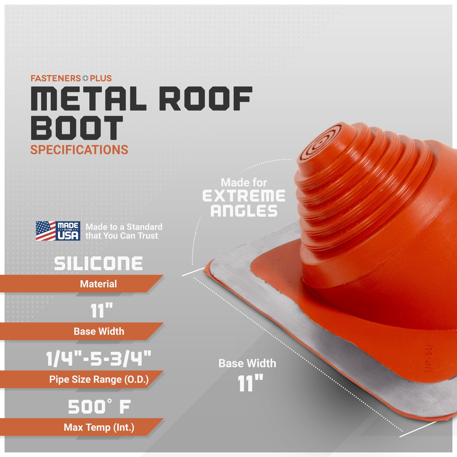 Metal roof boot with specifications on a gray background