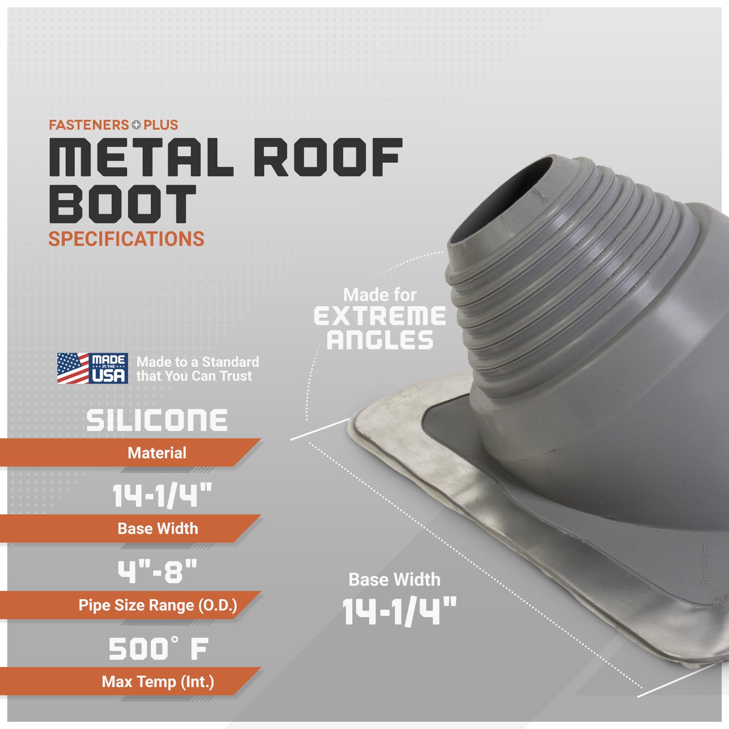 Metal roof boot with specifications on a gray background