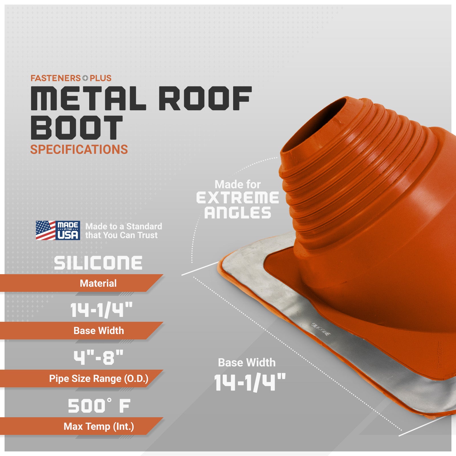 Metal roof boot with specifications on a gray background