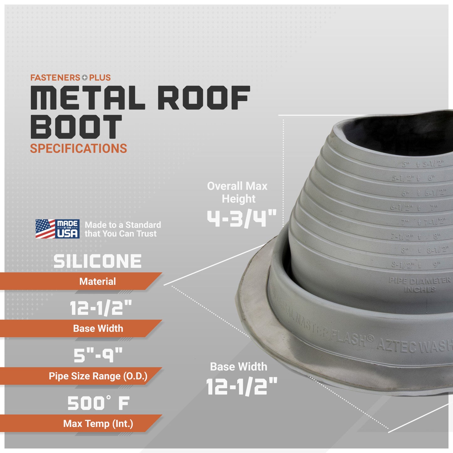 Metal roof boot with specifications on a gray background