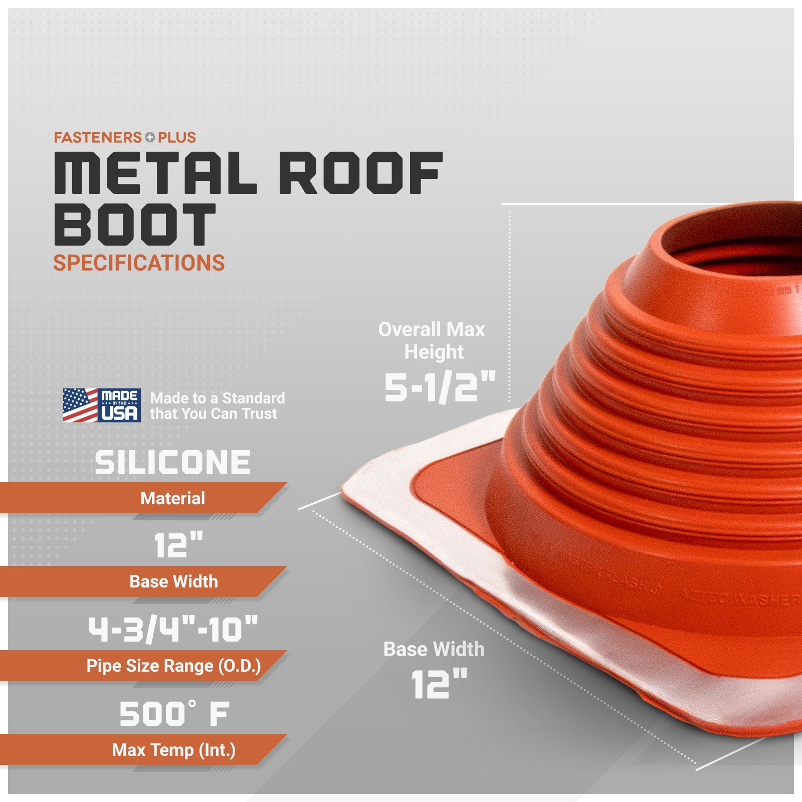 Metal roof boot with specifications on a gray background