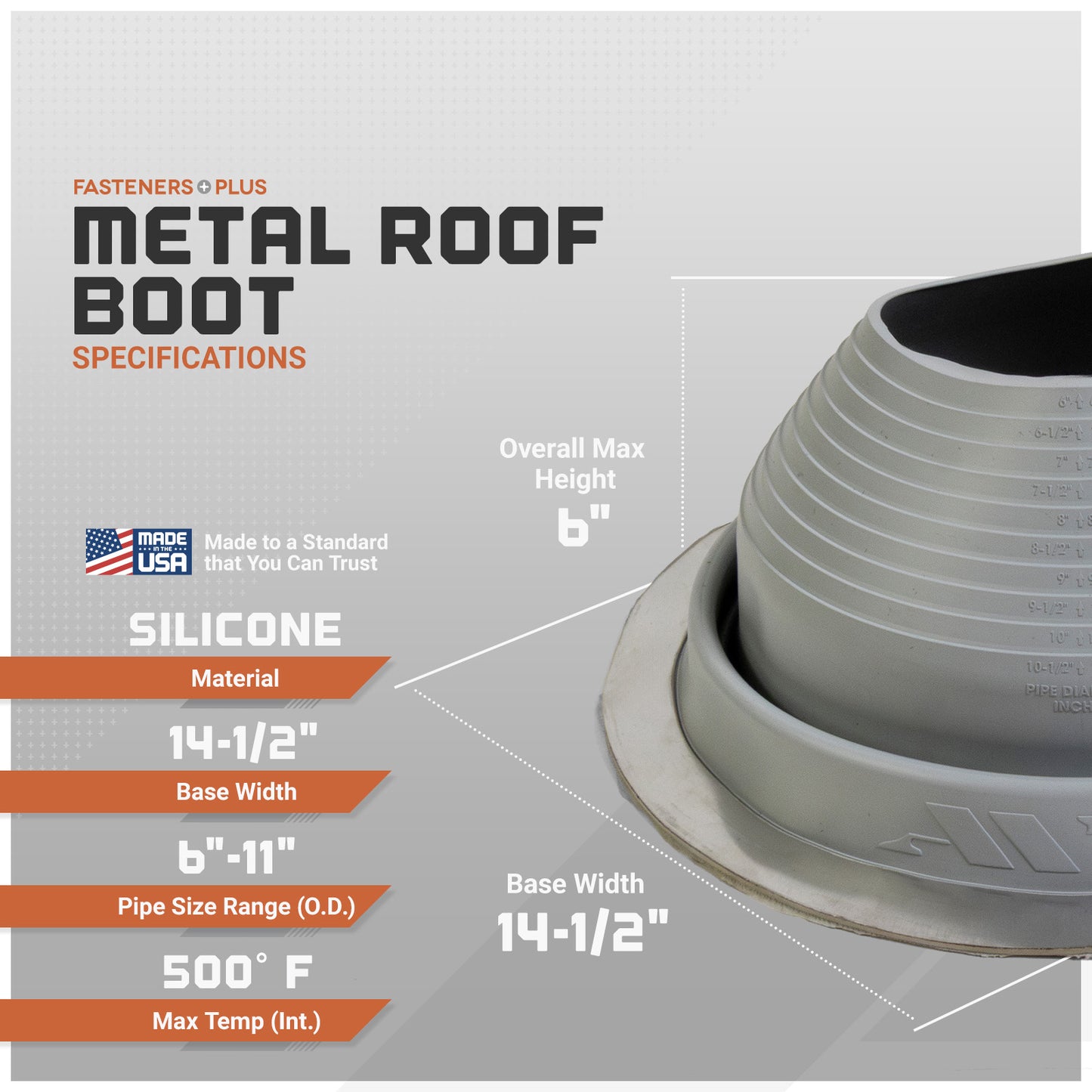 Metal roof boot with specifications on a gray background