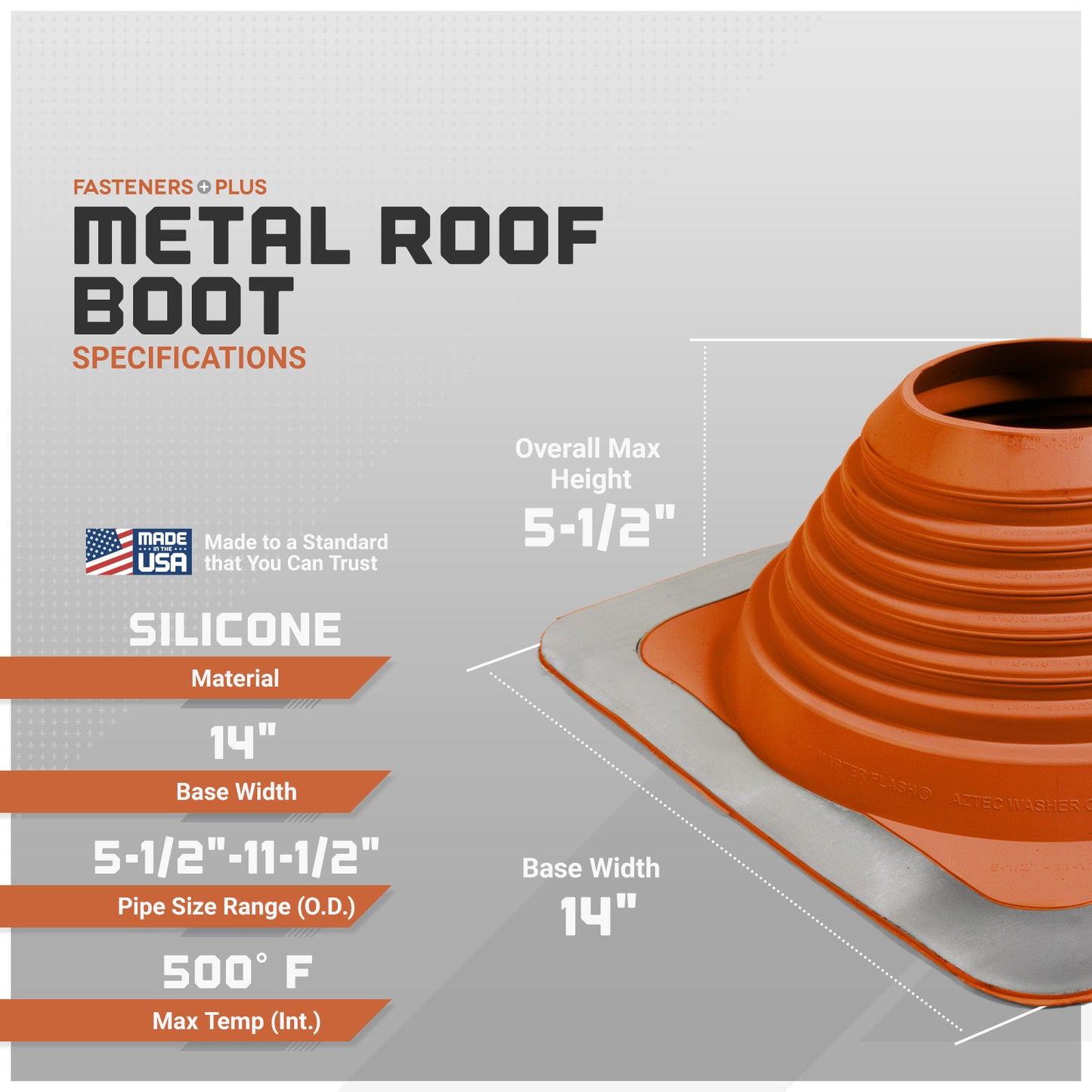 Metal roof boot with specifications on a gray background
