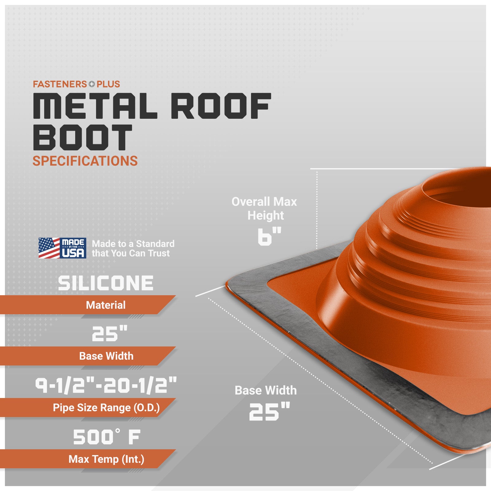 Metal roof boot specifications with an orange roof boot on a gray background