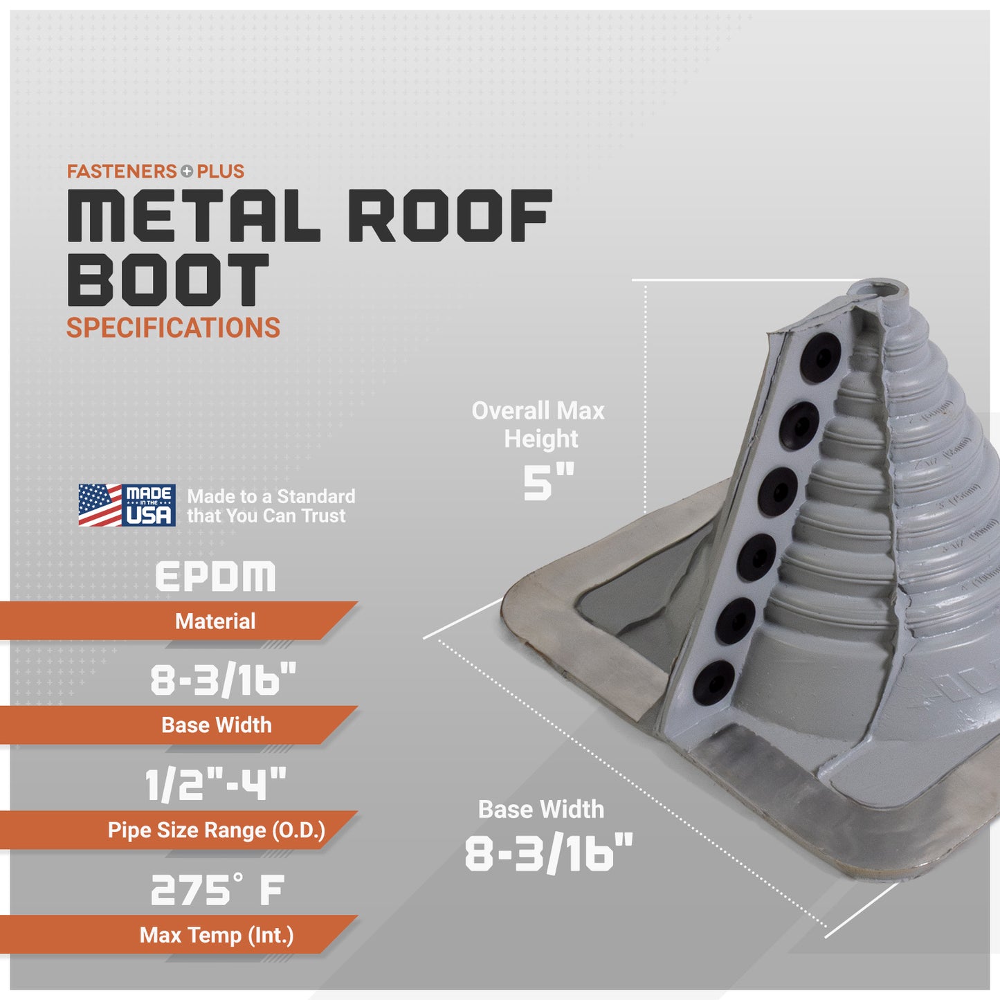 Metal roof boot with specifications on a gray background