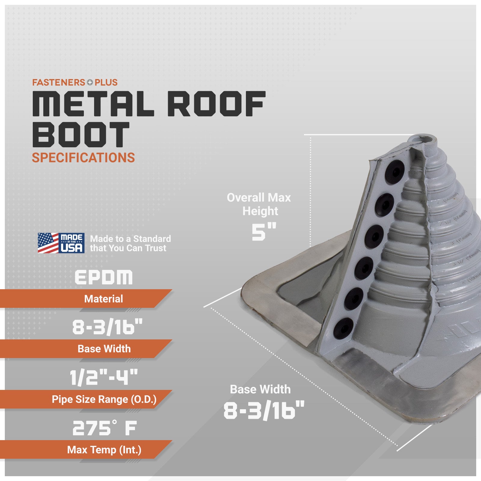 Metal roof boot with specifications on a gray background