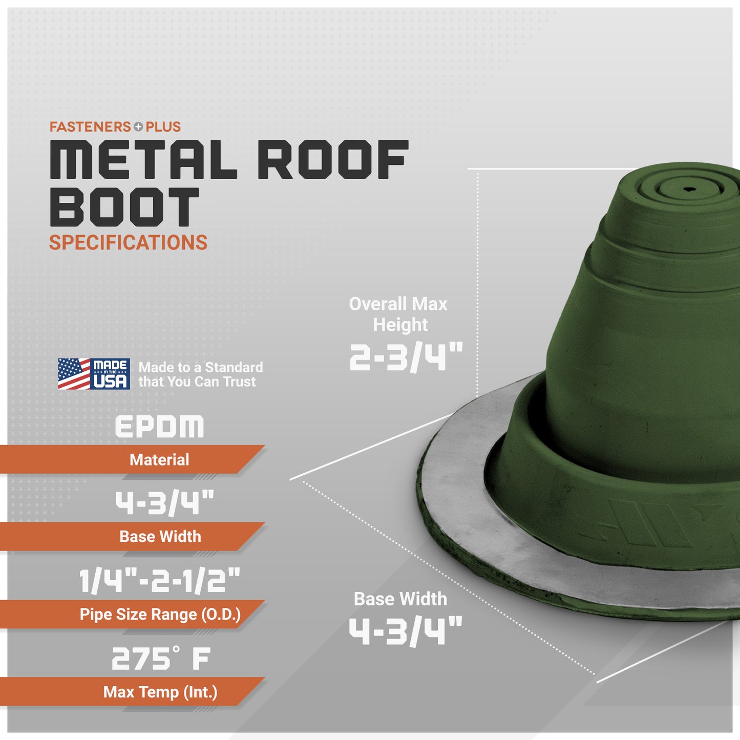 Metal roof boot with specifications on a gray background