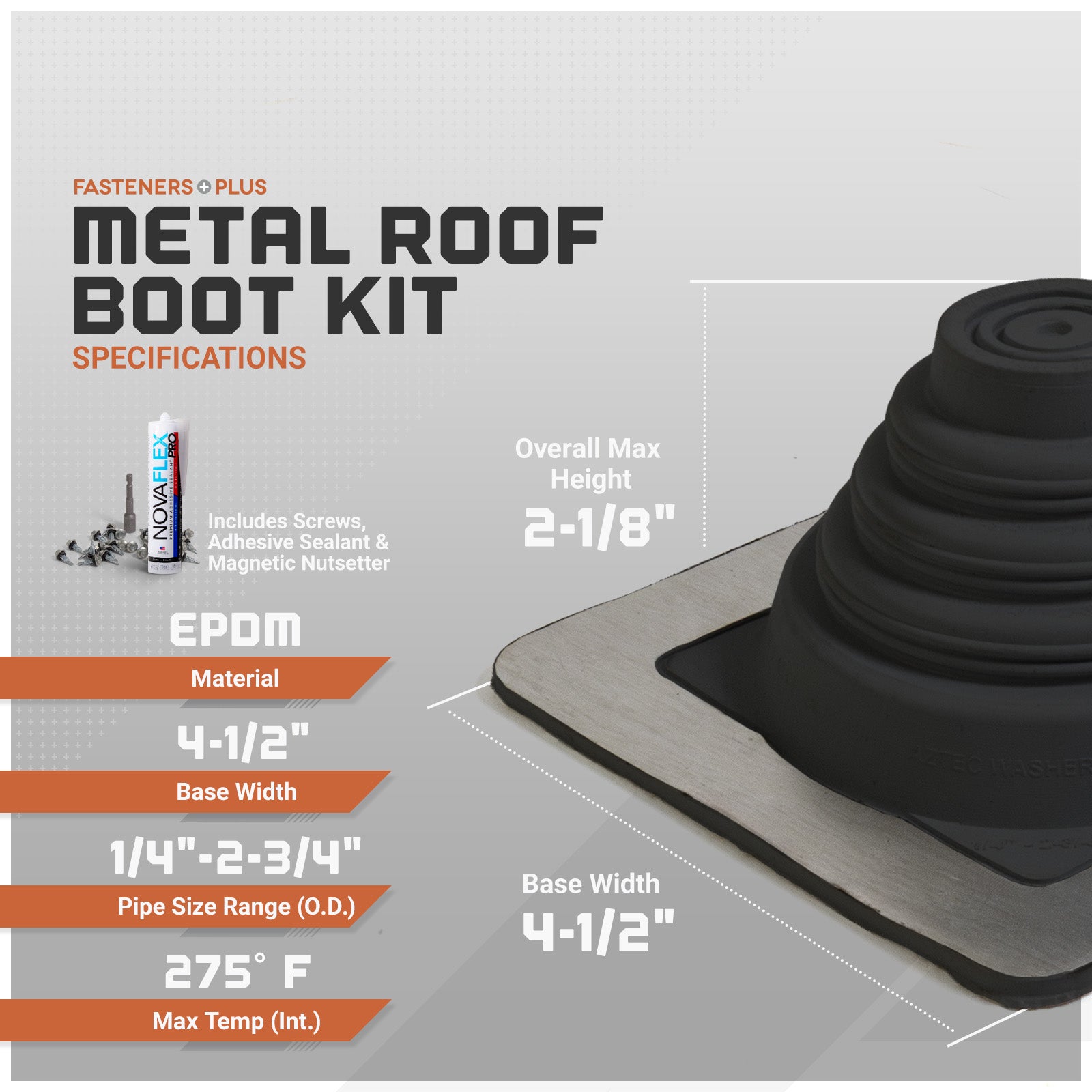 Metal roof boot kit with specifications on a gray background
