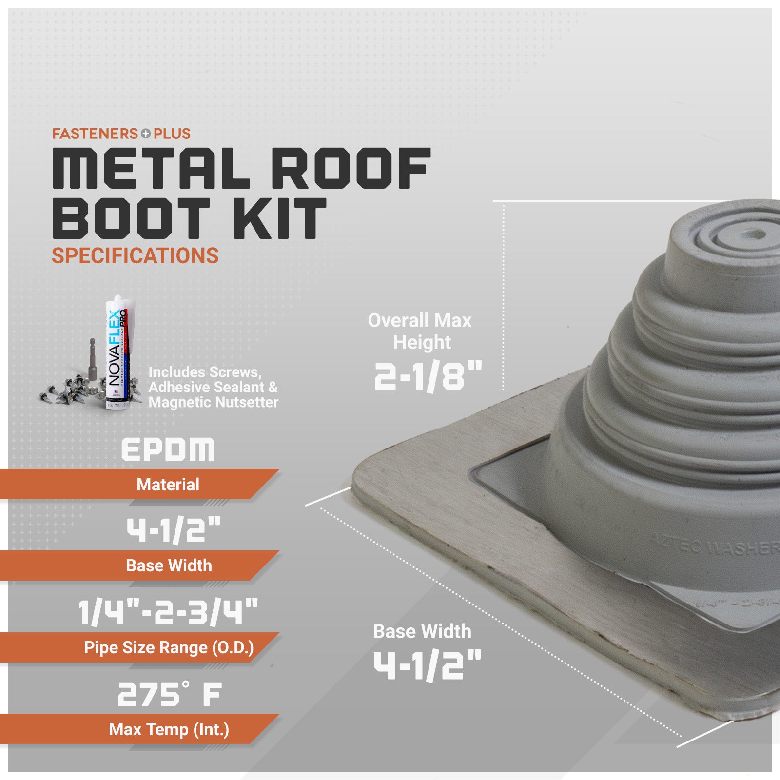 Metal roof boot kit with specifications on a gray background